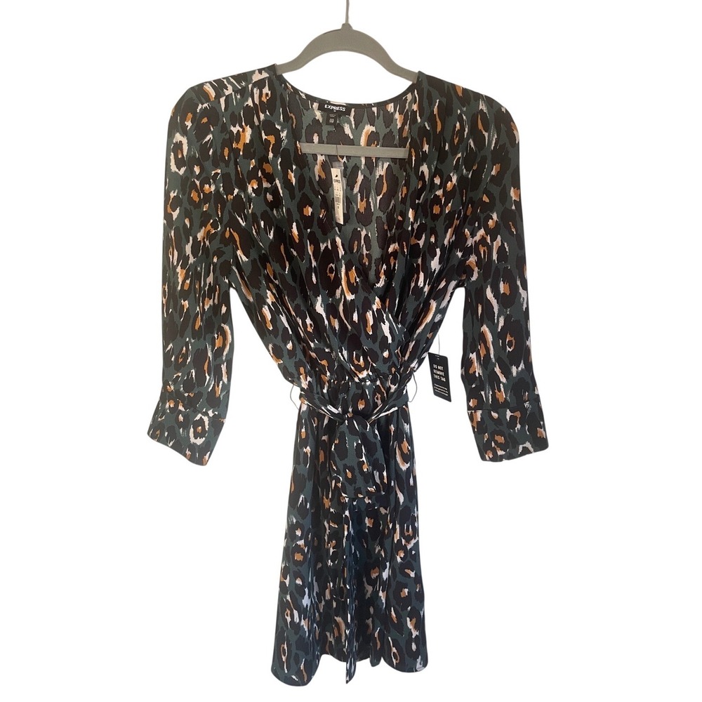 NWT EXPRESS Leopard Print Wrap Midi Dress Green‎ Black Orange Womens XXS